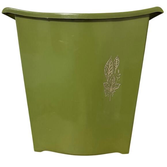 Vintage 70s Avocado Green Small Wastebasket Gold Leaves Mid Century Modern 11" - Picture 1 of 10